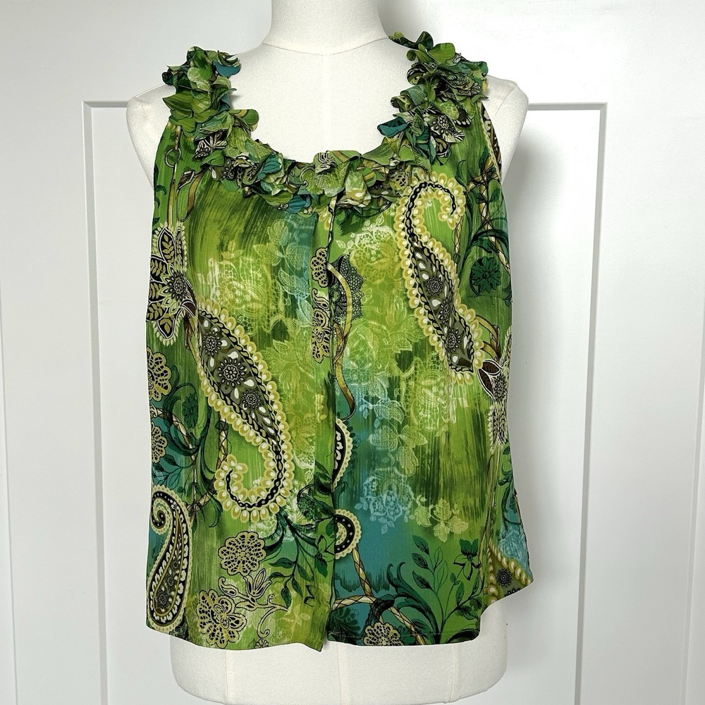 Sioni Green Paisley Ruffle Collar Tank - Women's Medium